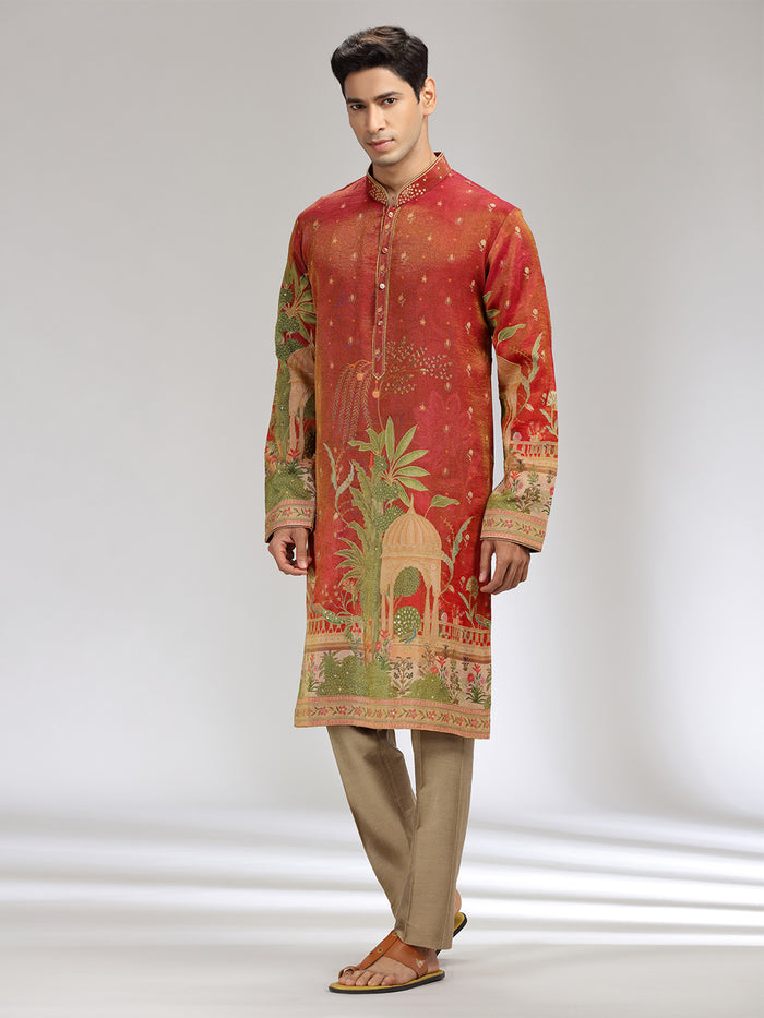 Rust Tissue Silk Embroidered & Printed Kurta Set - KORANM