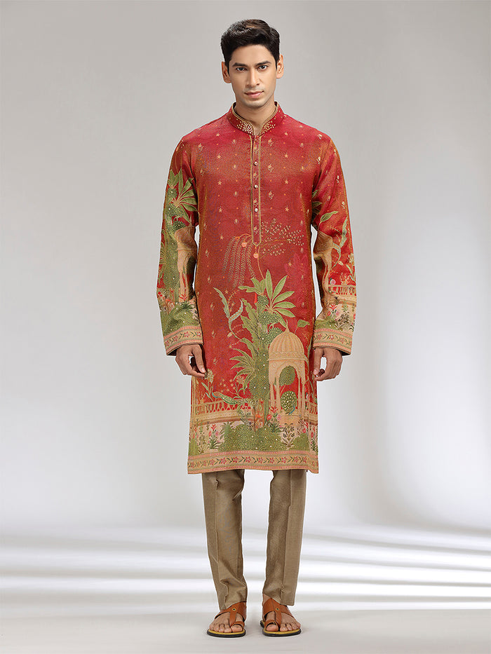 Rust Tissue Silk Embroidered & Printed Kurta Set - KORANM