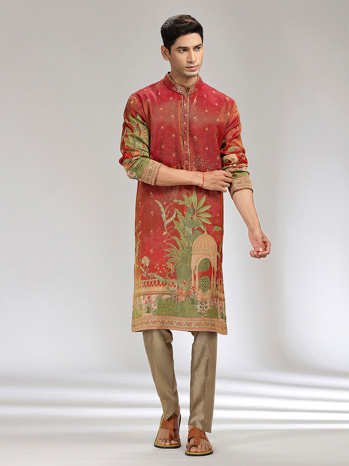 Rust Tissue Silk Embroidered & Printed Kurta Set - KORANM