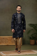 Navy Silk Embroidered Kurta with Antique Aligarhi Pants