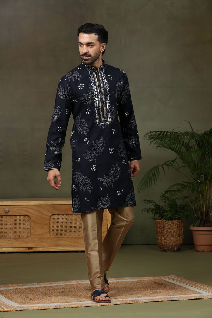 Navy Silk Embroidered Kurta with Antique Aligarhi Pants