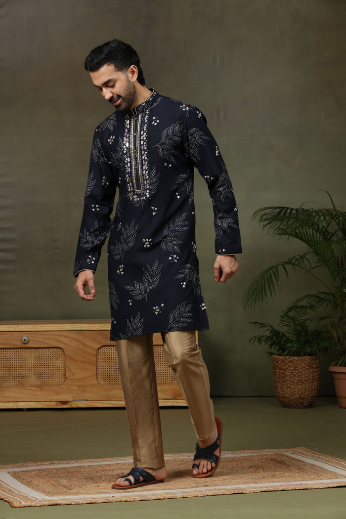 Navy Silk Embroidered Kurta with Antique Aligarhi Pants