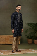 Navy Silk Embroidered Kurta with Antique Aligarhi Pants