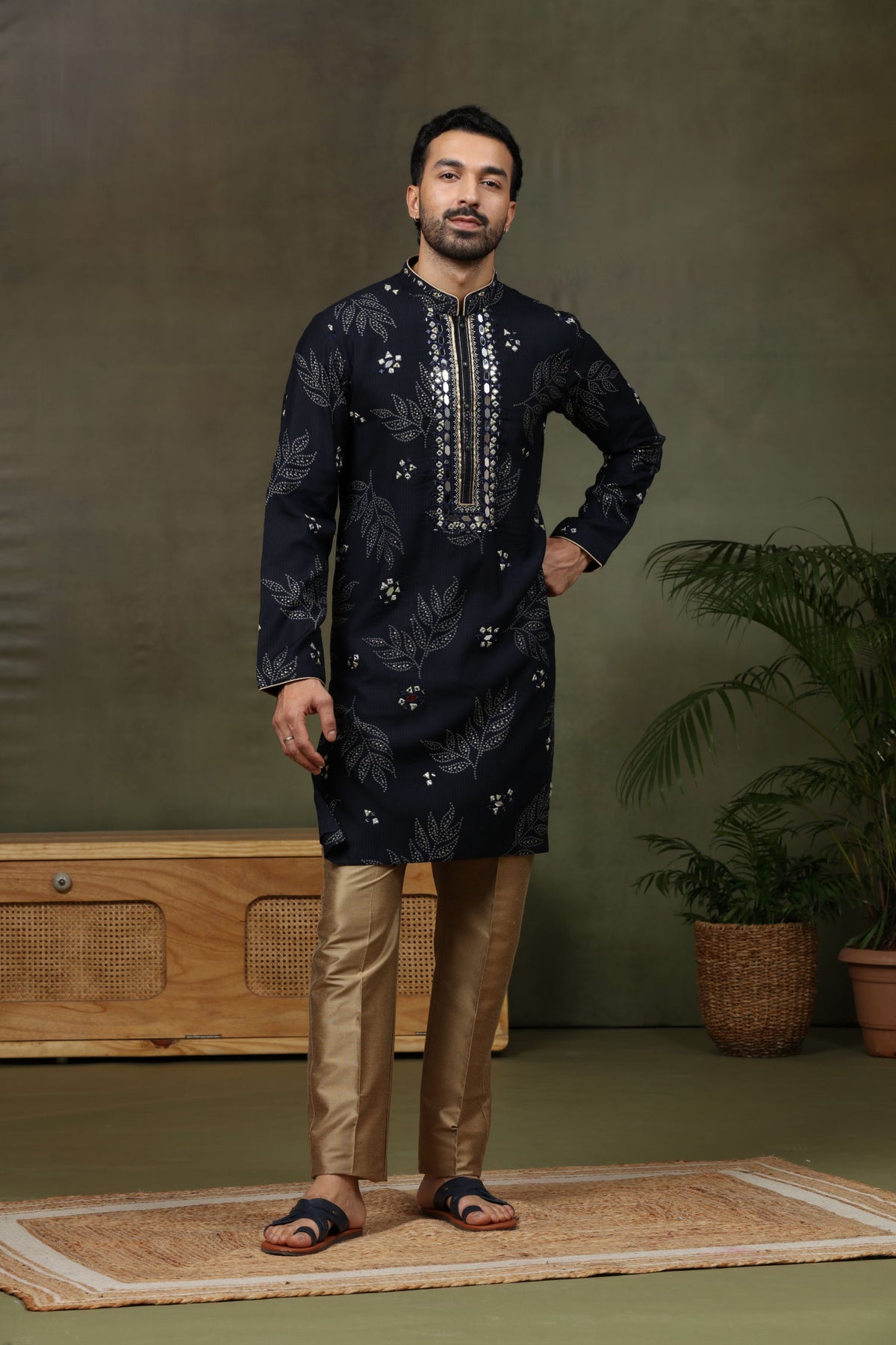 Navy Silk Embroidered Kurta with Antique Aligarhi Pants - KORANM