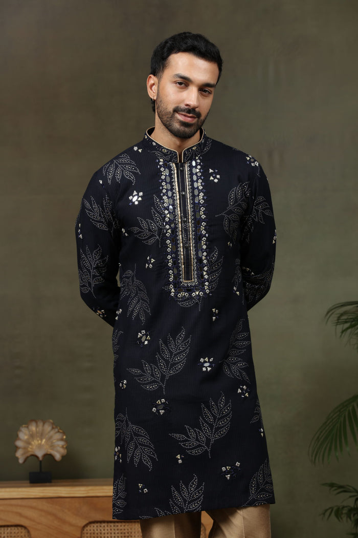 Navy Silk Embroidered Kurta with Antique Aligarhi Pants
