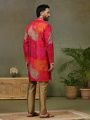 Pink Printed Kurta with Aligarhi Pants Featuring Highlight Embroidery