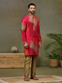 Pink Printed Kurta with Aligarhi Pants Featuring Highlight Embroidery