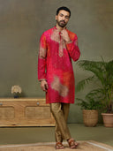 Pink Printed Kurta with Aligarhi Pants Featuring Highlight Embroidery