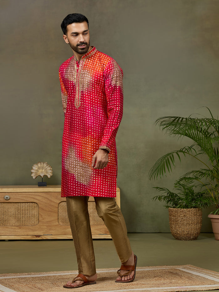 Pink Printed Kurta with Aligarhi Pants Featuring Highlight Embroidery