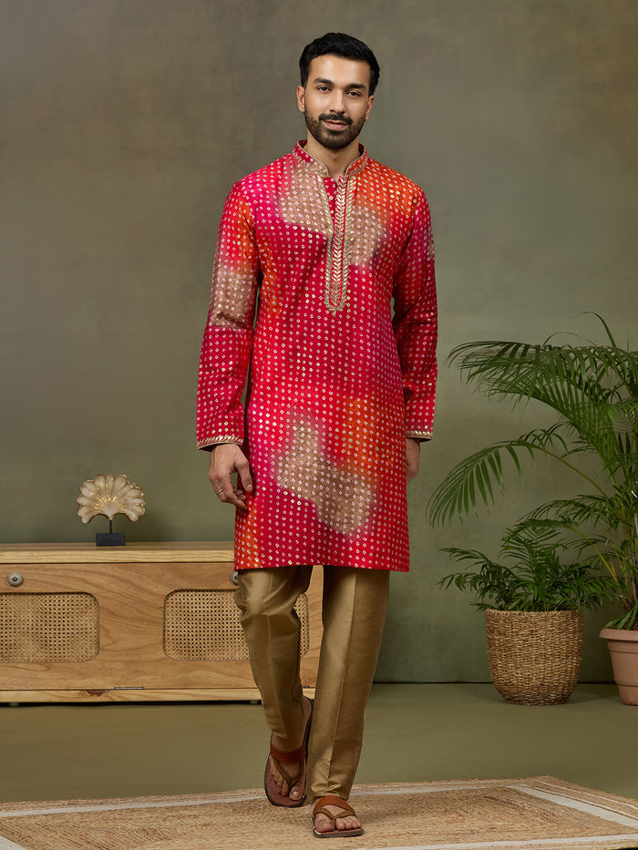 Pink Printed Kurta with Aligarhi Pants Featuring Highlight Embroidery