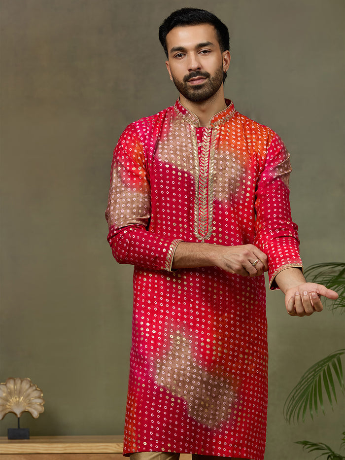 Pink Printed Kurta with Aligarhi Pants Featuring Highlight Embroidery