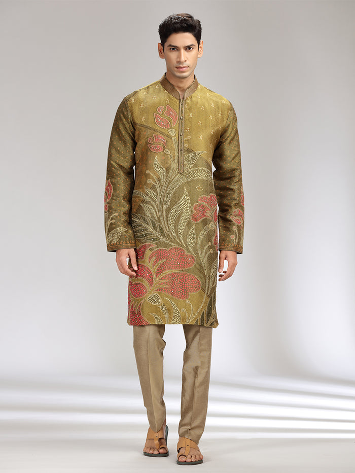 Green Tissue Silk Embroidered & Printed Kurta Set - KORANM