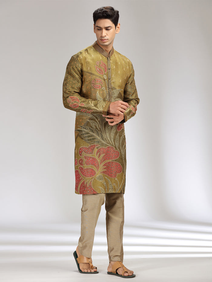 Green Tissue Silk Embroidered & Printed Kurta Set - KORANM