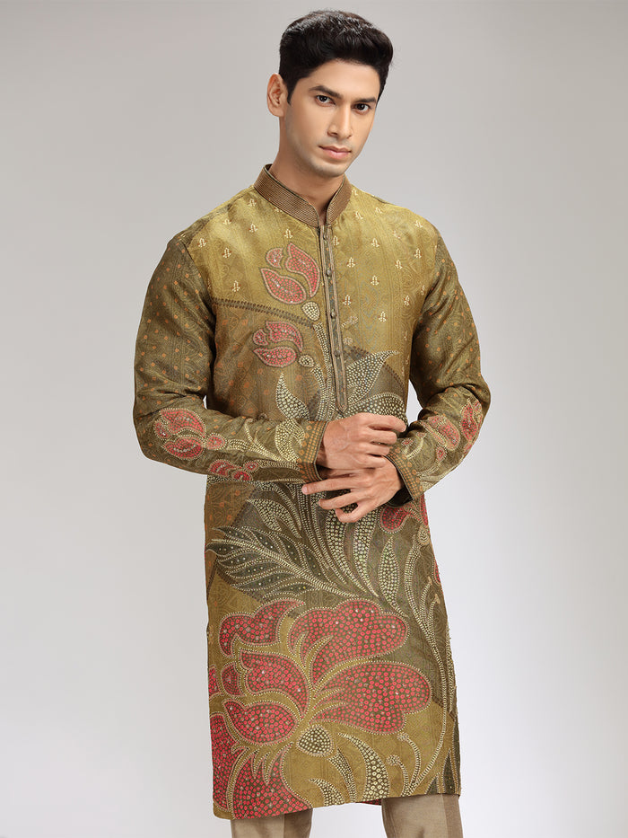 Green Tissue Silk Embroidered & Printed Kurta Set - KORANM