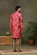 Pink Satin Silk Floral Printed Kurta with Antique Aligarhi for Men