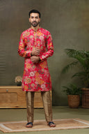 Pink Satin Silk Floral Printed Kurta with Antique Aligarhi for Men
