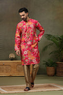 Pink Satin Silk Floral Printed Kurta with Antique Aligarhi for Men