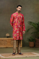 Pink Satin Silk Floral Printed Kurta with Antique Aligarhi for Men