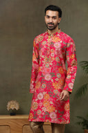 Pink Satin Silk Floral Printed Kurta with Antique Aligarhi for Men