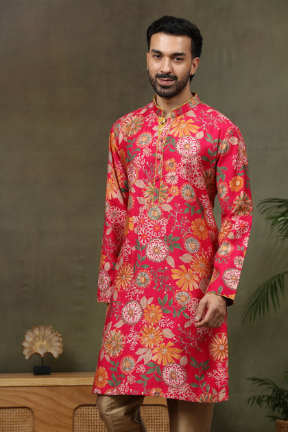 Pink Satin Silk Floral Printed Kurta with Antique Aligarhi for Men