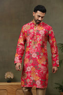 Pink Satin Silk Floral Printed Kurta with Antique Aligarhi for Men