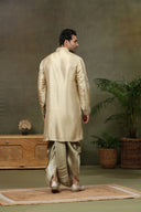Beige Tissue Silk Zari & Mirror Work Kurta with Dupatta & Fawn Dhoti