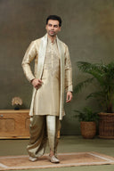 Beige Tissue Silk Zari & Mirror Work Kurta with Dupatta & Fawn Dhoti