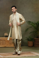 Beige Tissue Silk Zari & Mirror Work Kurta with Dupatta & Fawn Dhoti