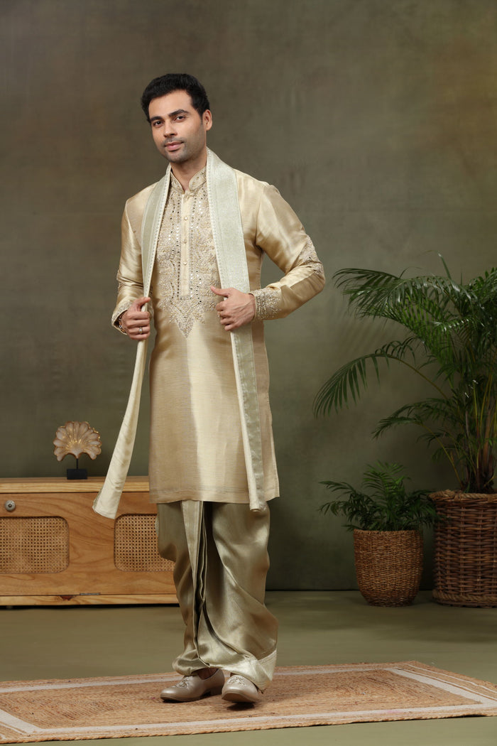 Beige Tissue Silk Zari & Mirror Work Kurta with Dupatta & Fawn Dhoti