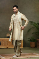 Beige Tissue Silk Zari & Mirror Work Kurta with Dupatta & Fawn Dhoti