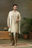 Beige Tissue Silk Zari & Mirror Work Kurta with Dupatta & Fawn Dhoti