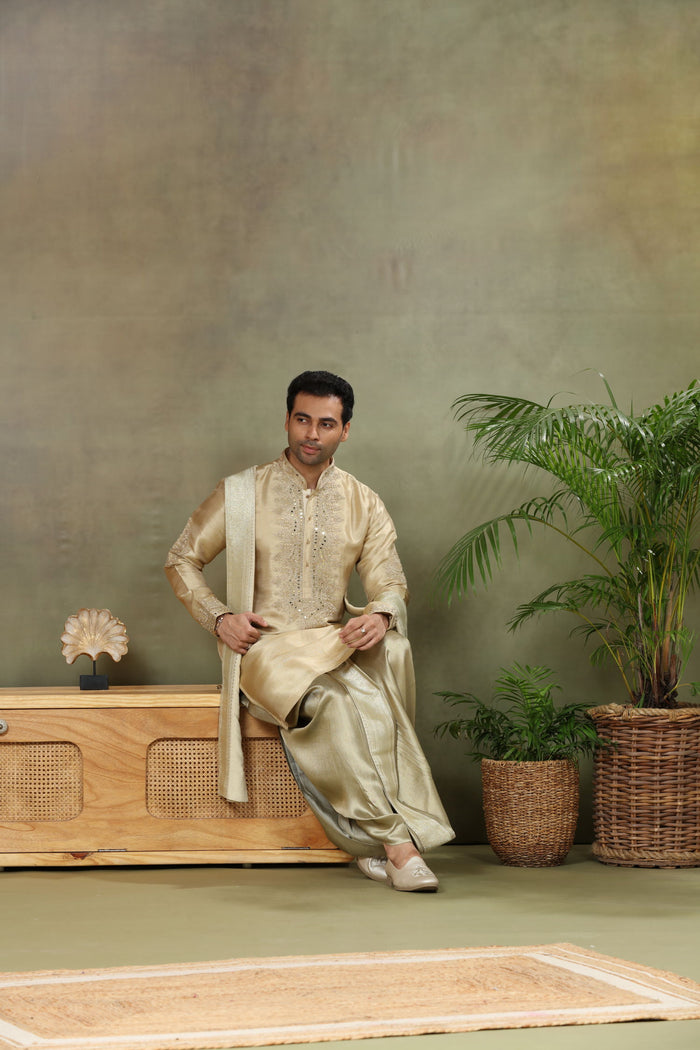 Beige Tissue Silk Zari & Mirror Work Kurta with Dupatta & Fawn Dhoti