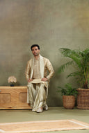 Beige Tissue Silk Zari & Mirror Work Kurta with Dupatta & Fawn Dhoti