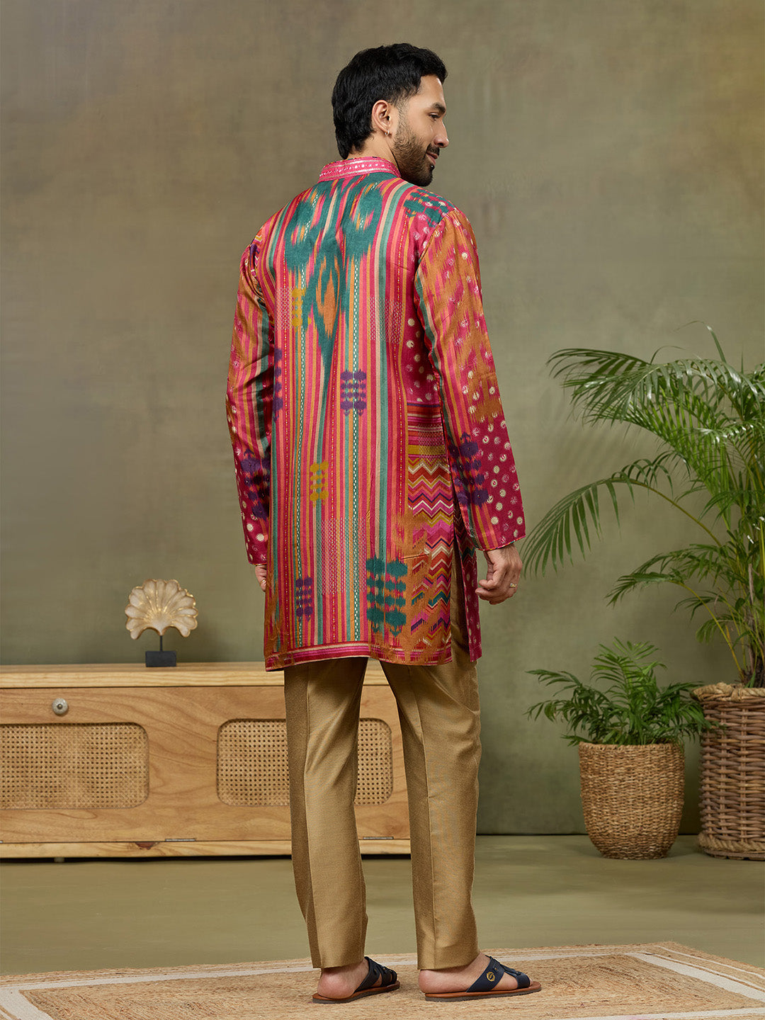 Pink Satin Silk Mirror Work Kurta Set with Aligarhi Pant - KORANM