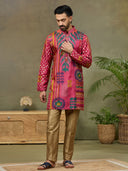 Pink Satin Silk Mirror Work Kurta Set with Aligarhi Pant - KORANM