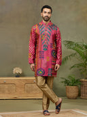 Pink Satin Silk Mirror Work Kurta Set with Aligarhi Pant - KORANM
