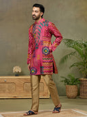 Pink Satin Silk Mirror Work Kurta Set with Aligarhi Pant - KORANM