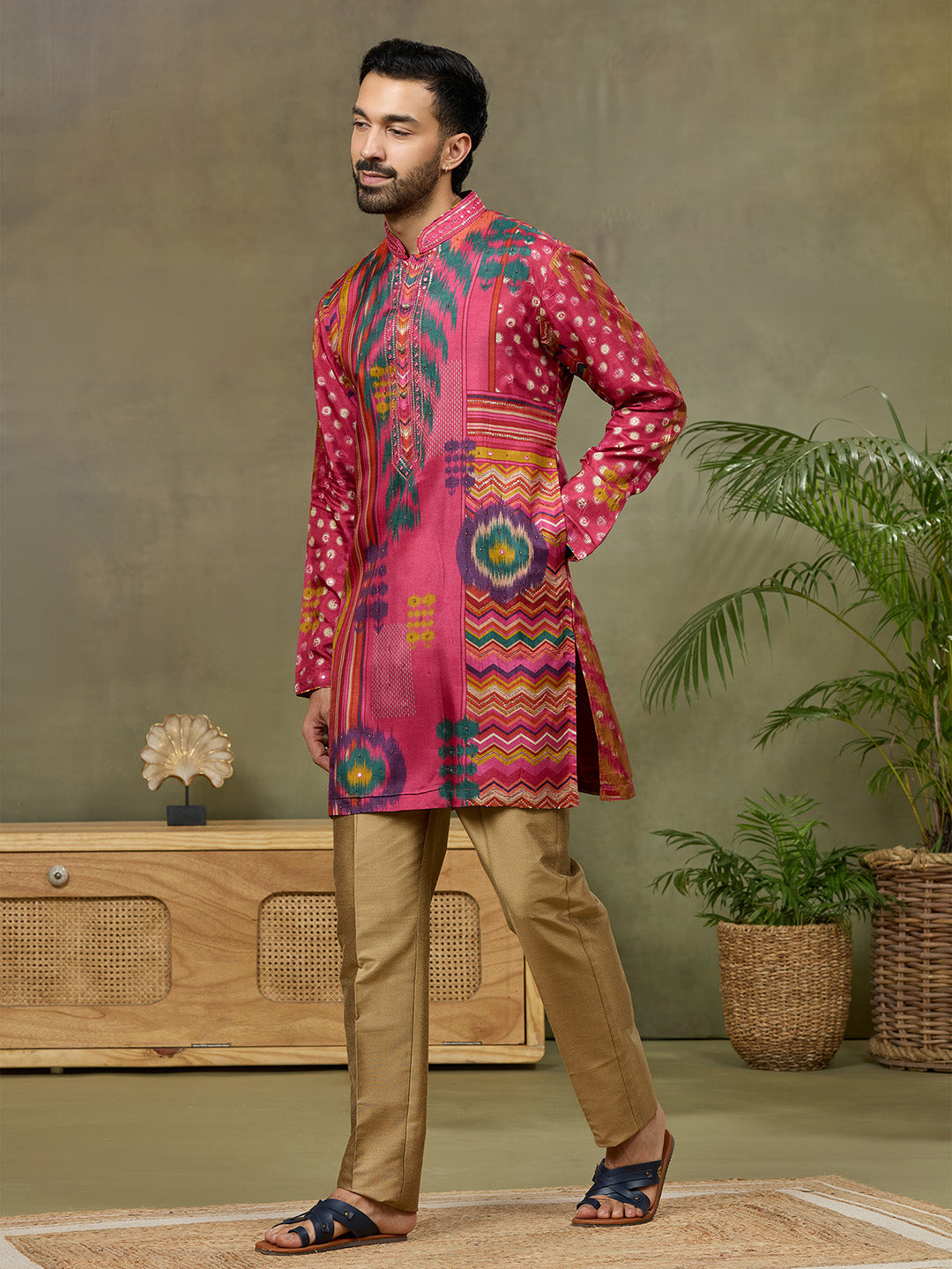 Pink Satin Silk Mirror Work Kurta Set with Aligarhi Pant - KORANM