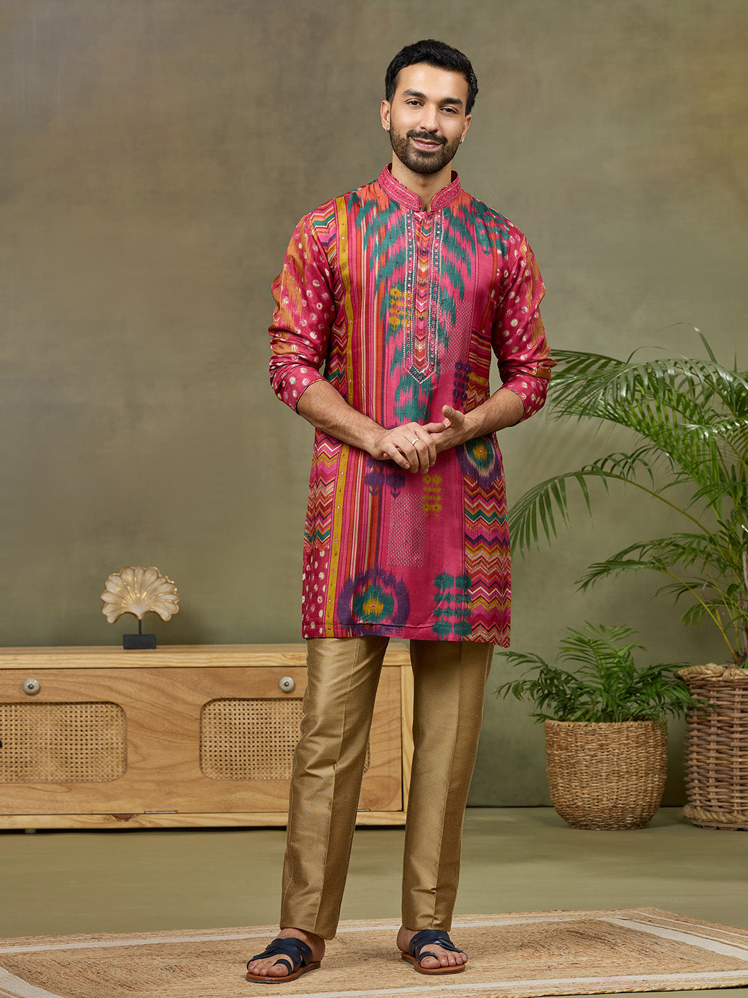 Pink Satin Silk Mirror Work Kurta Set with Aligarhi Pant - KORANM