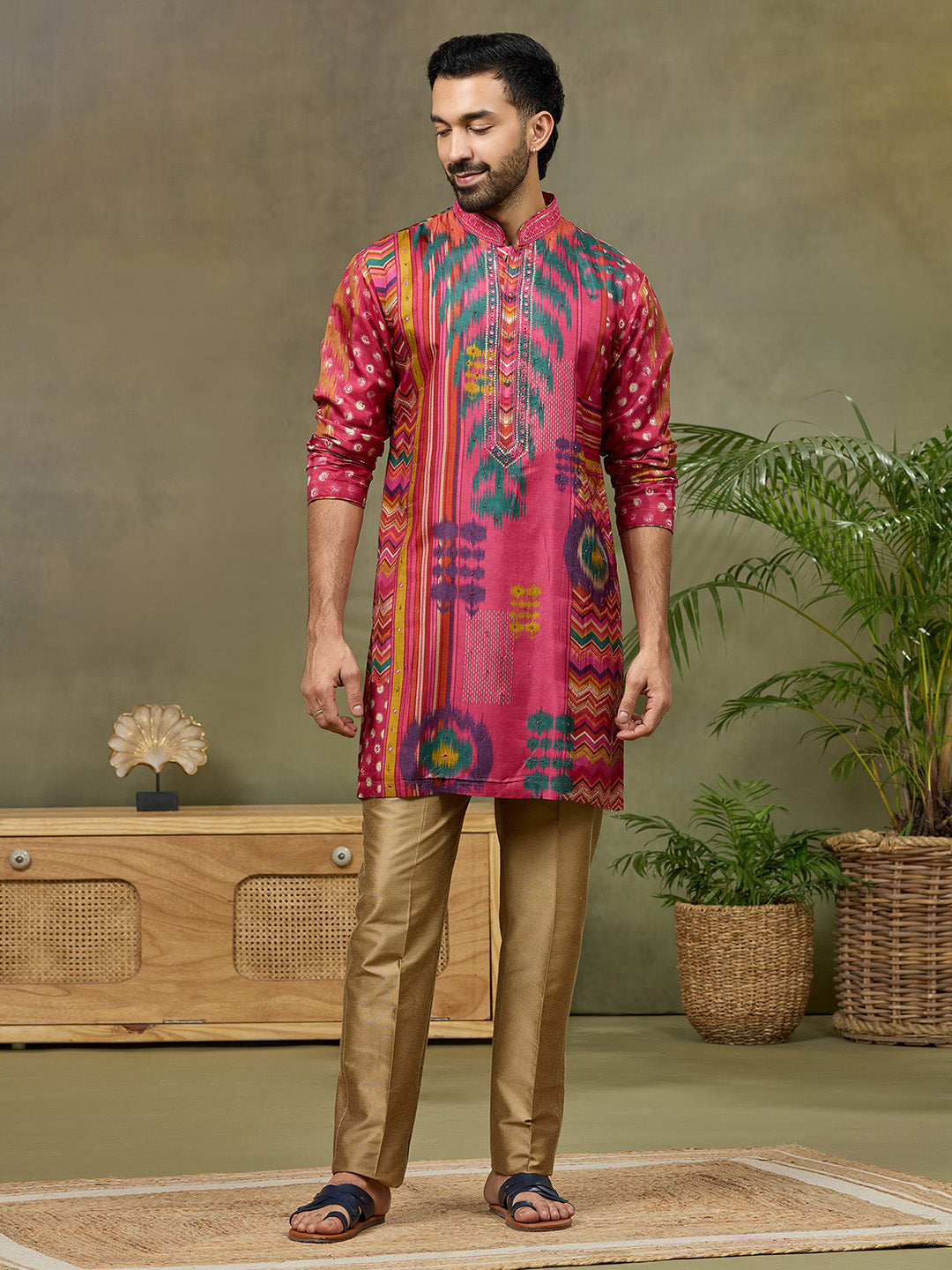 Pink Satin Silk Mirror Work Kurta Set with Aligarhi Pant - KORANM