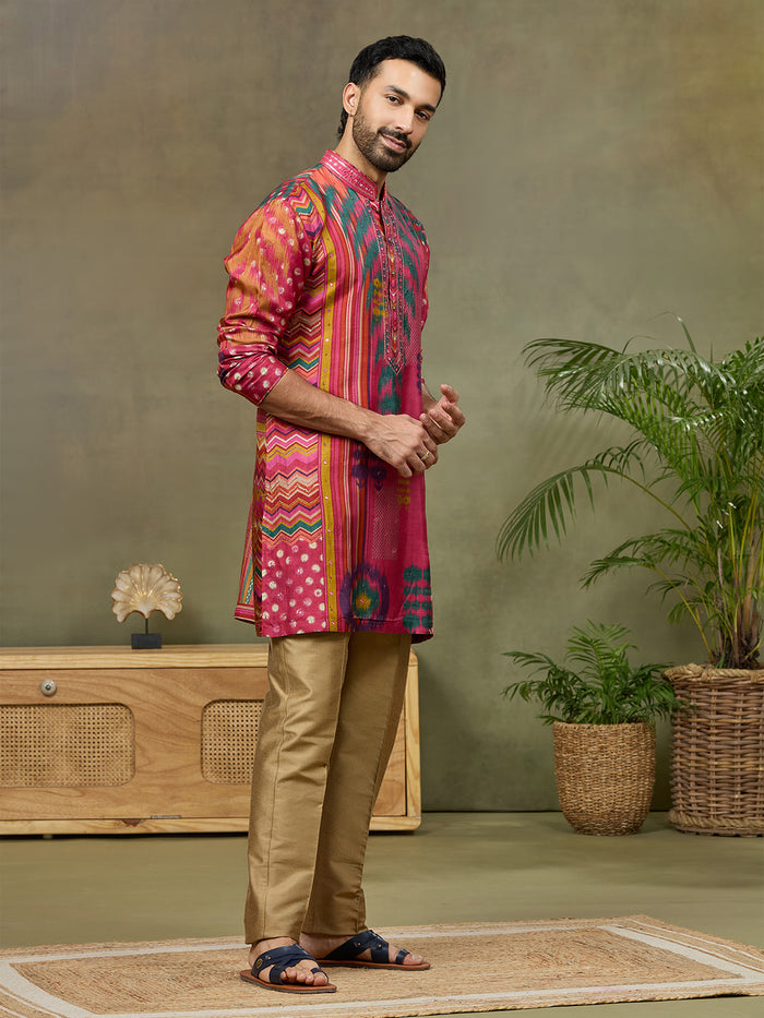 Pink Satin Silk Mirror Work Kurta Set with Aligarhi Pant - KORANM