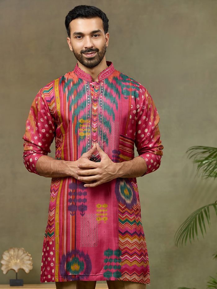 Pink Satin Silk Mirror Work Kurta Set with Aligarhi Pant - KORANM