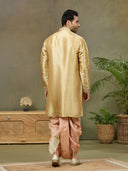 Gold Tissue Silk Zari & Mirror Work Kurta Set with Peach Dhoti & Dupatta