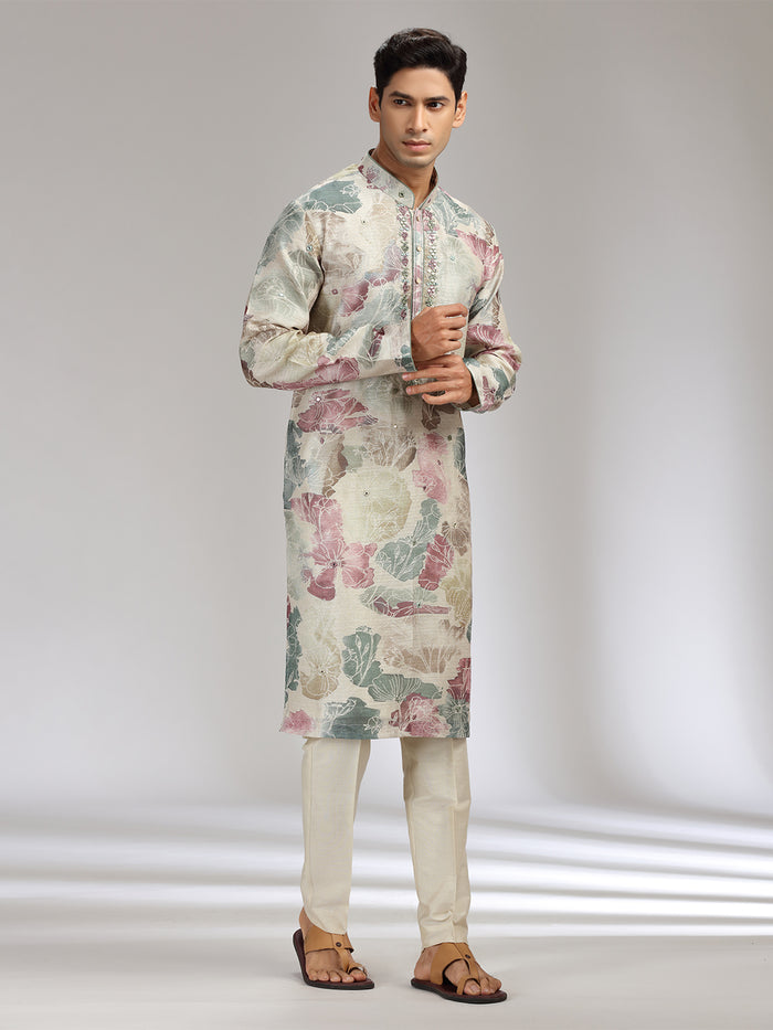 Purple Tissue Silk Embroidered & Printed Kurta Set - KORANM
