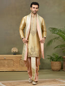 Gold Tissue Silk Zari & Mirror Work Kurta Set with Peach Dhoti & Dupatta