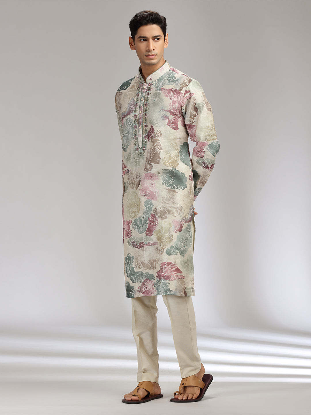 Purple Tissue Silk Embroidered & Printed Kurta Set - KORANM