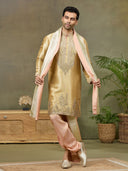 Gold Tissue Silk Zari & Mirror Work Kurta Set with Peach Dhoti & Dupatta