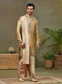 Gold Tissue Silk Zari & Mirror Work Kurta Set with Peach Dhoti & Dupatta