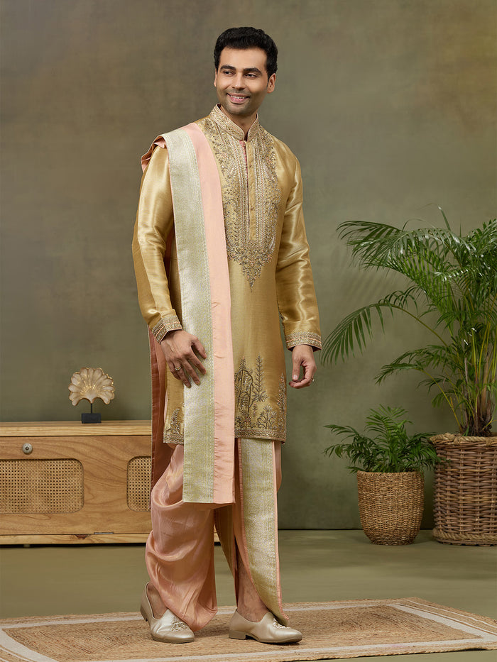 Gold Tissue Silk Zari & Mirror Work Kurta Set with Peach Dhoti & Dupatta