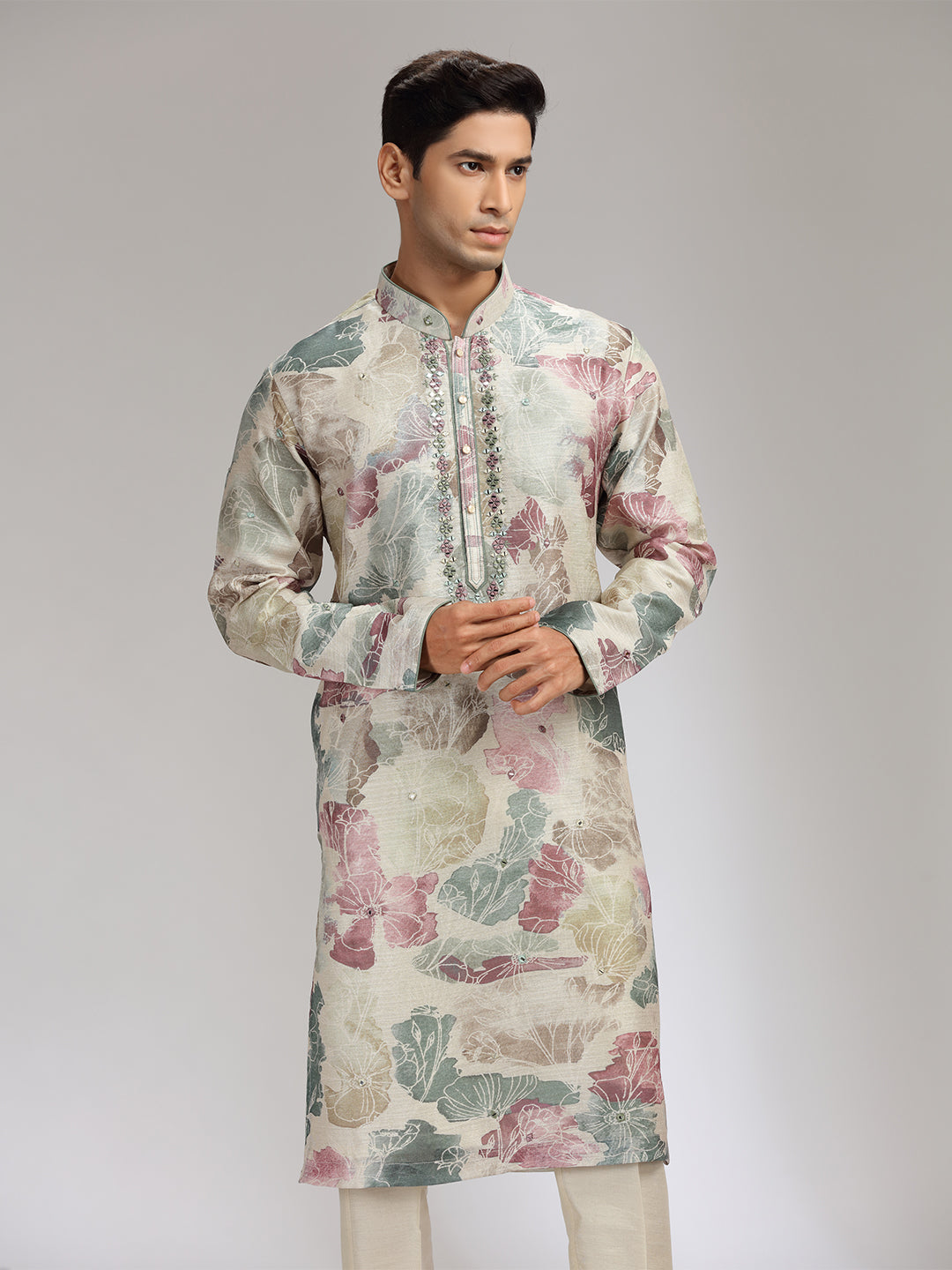 Purple Tissue Silk Embroidered & Printed Kurta Set - KORANM